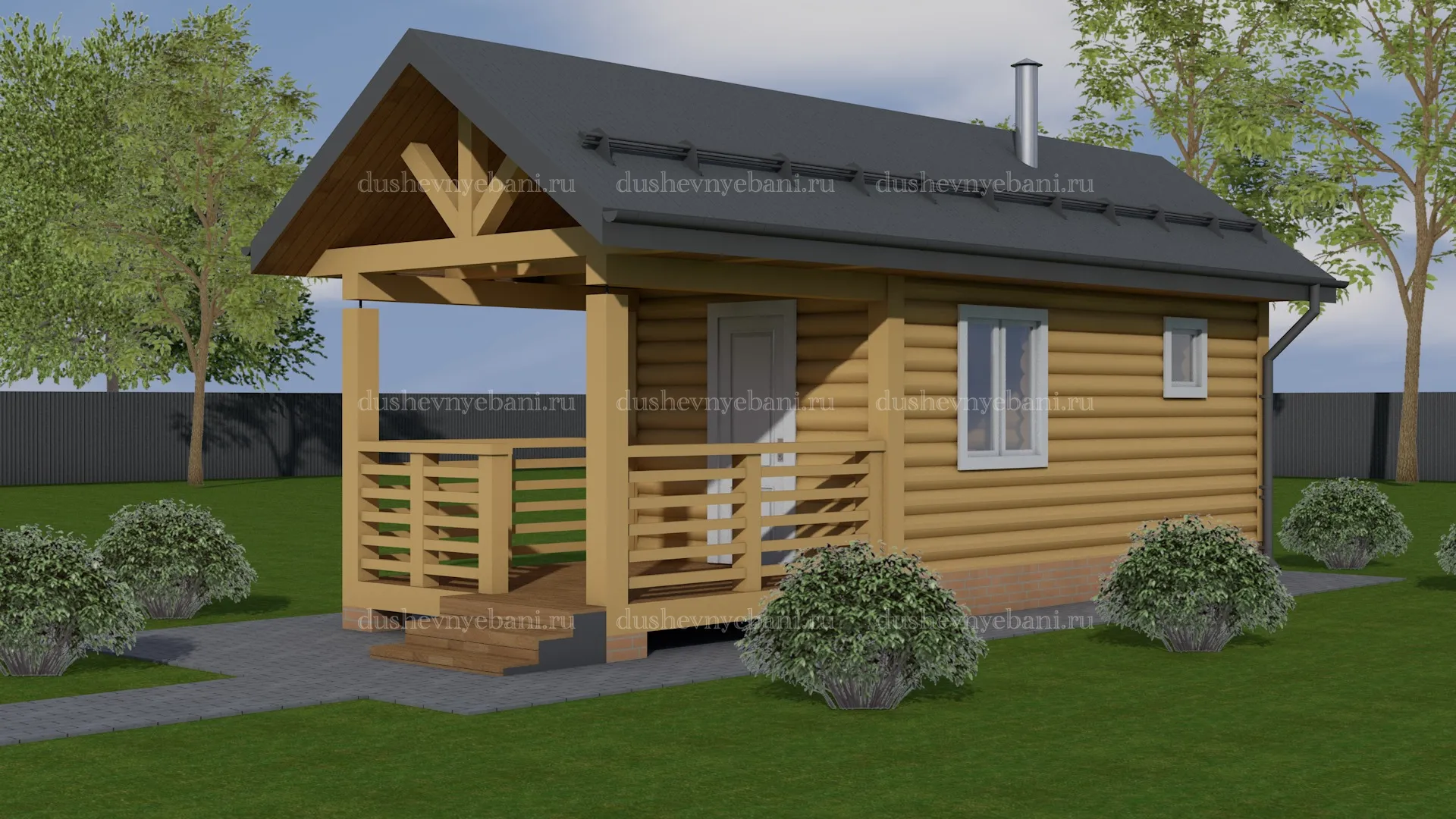 Баня из бревна с террасой сбоку